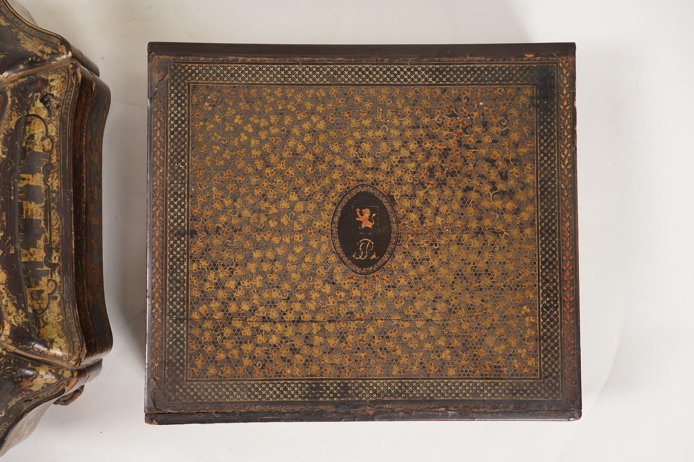 Two Chinese gilt decorated black lacquer games boxes, containing numerous mother-of-pearl counters, 19th century